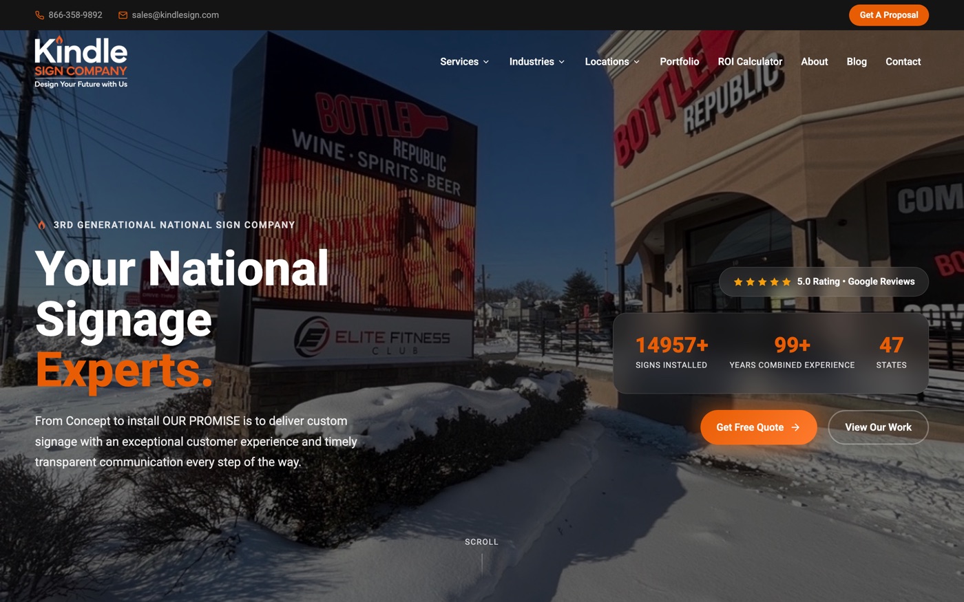Kindle Sign Company website — national signage company homepage with stats and reviews