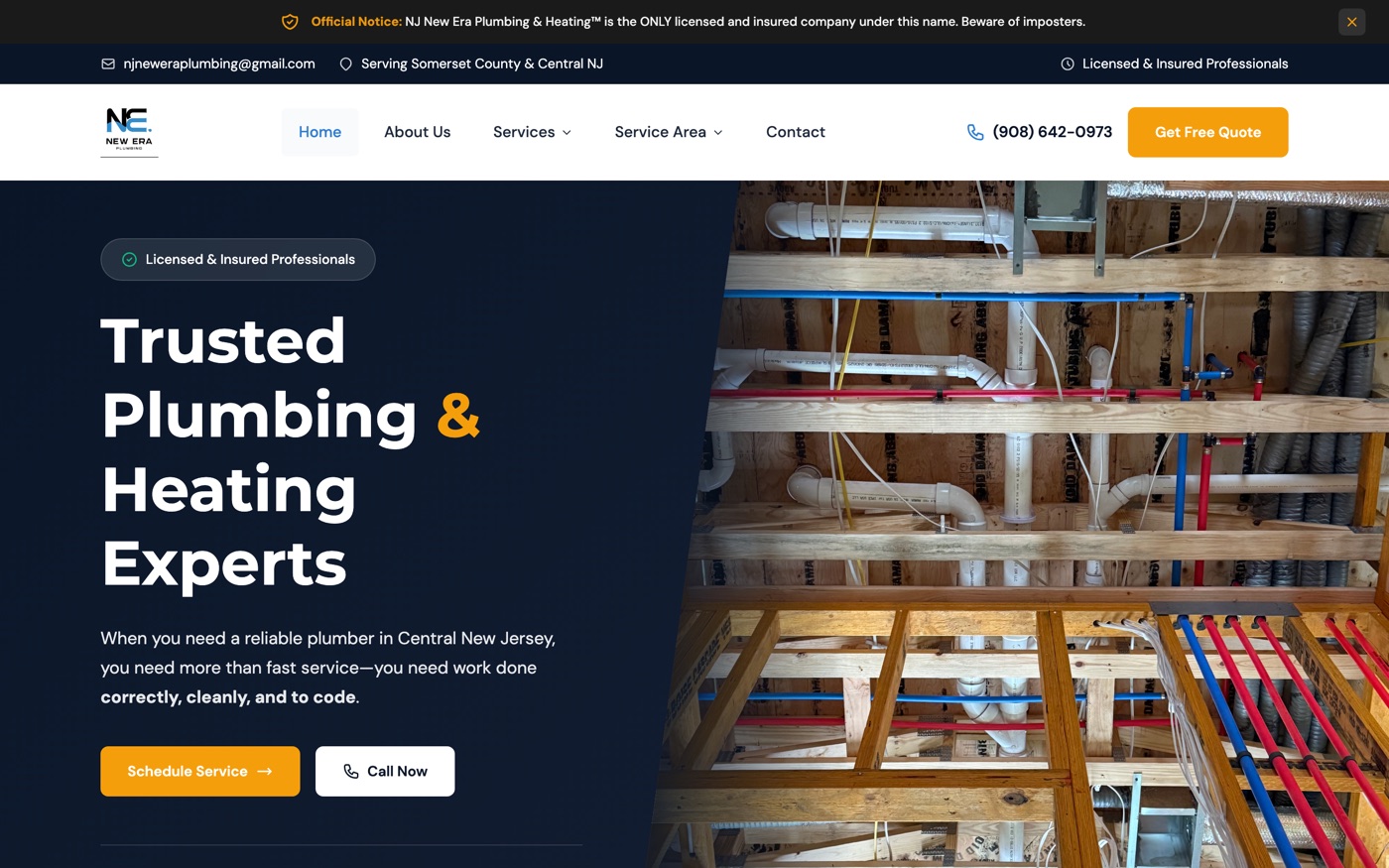 New Era Plumbing & Heating website — bold homepage for a Central NJ plumbing and HVAC company