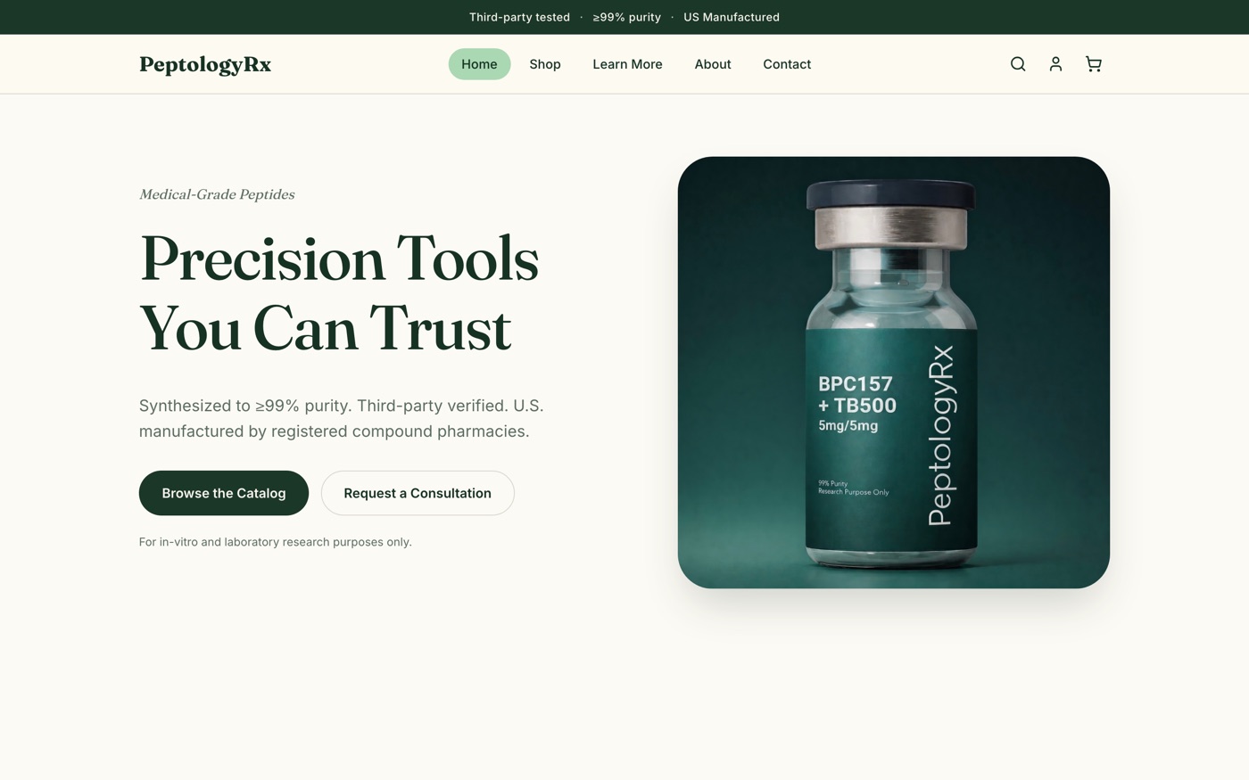PeptologyRx website — clean product-forward homepage for a medical-grade peptide brand